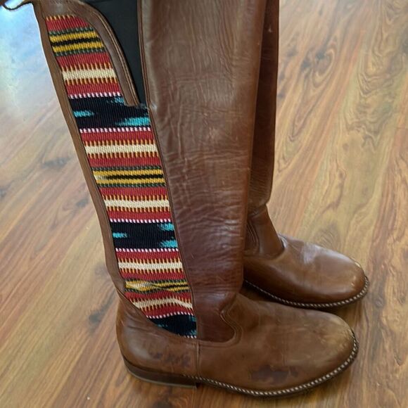 Teysha artisan rugged tan leather boots with embroidered fabric southwestern sty - Picture 4 of 8